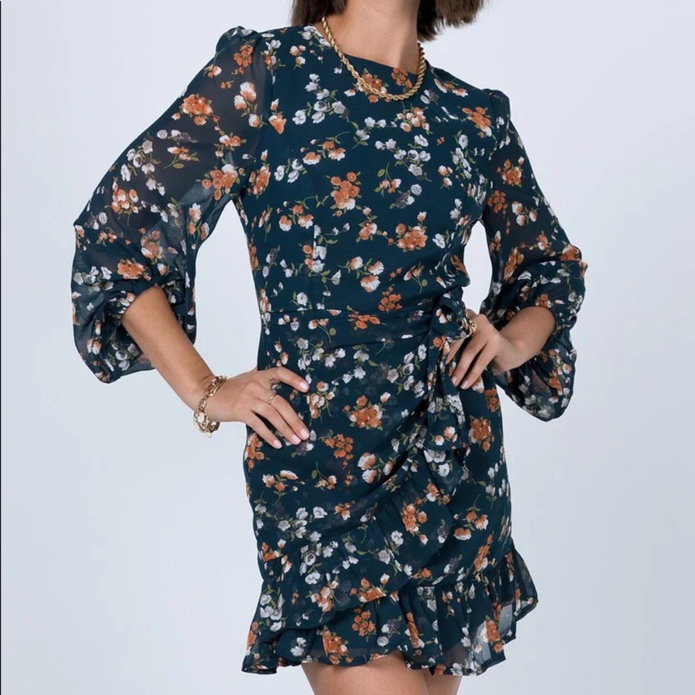Princess Polly teal floral meral long sleeve mini dress